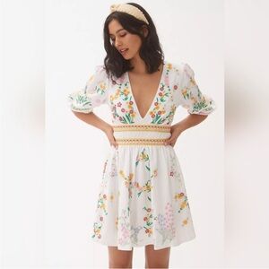 Anthropologie Deep V Floral Mini White Dress Sz. M